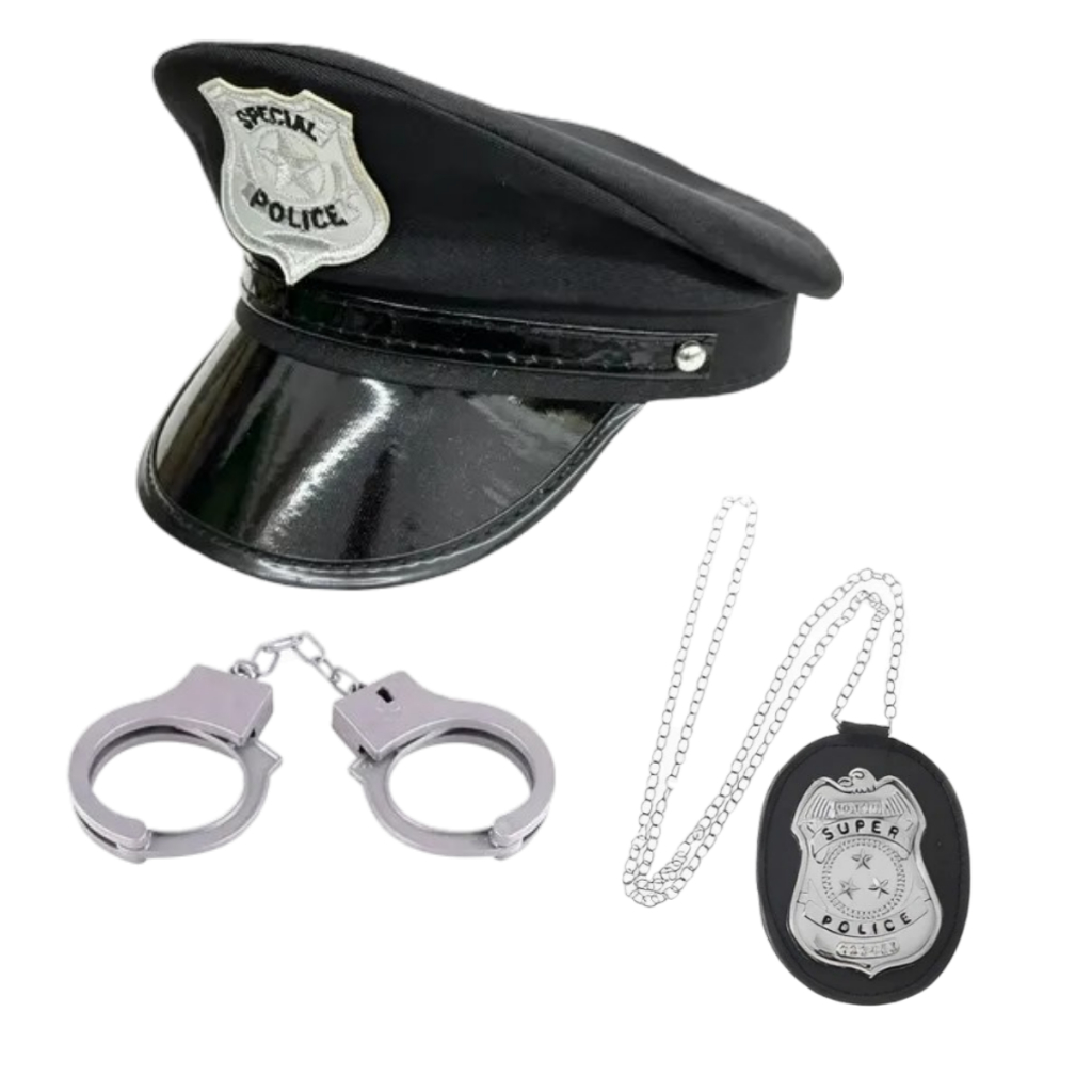 Kit Policial Adulto Chapéu+ Algema + Distintivo Fantasia