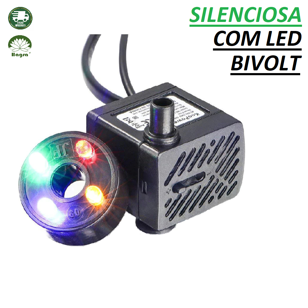 Motor Bomba Submersa Bivolt 4w Bombinha Fonte Aquário Pet Com Led