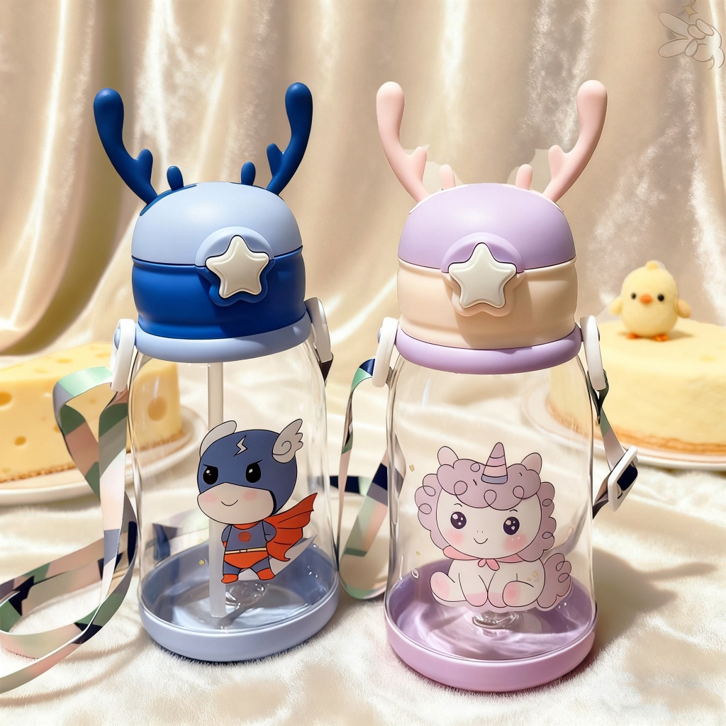 Garrafa Infantil Alce com Alça e Canudo Antivazamento – Material Seguro para Meninos e Meninas