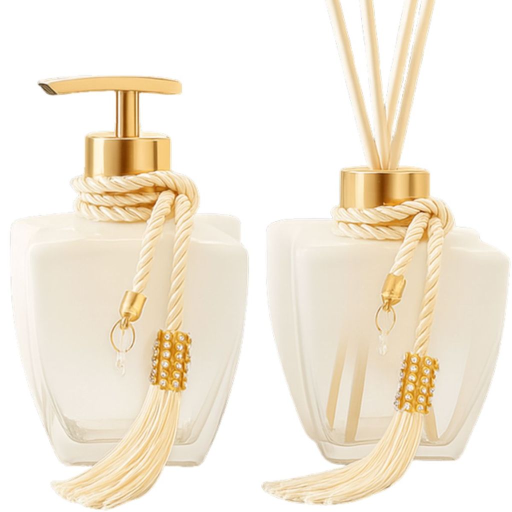 Kit Vidros Banheiro Luxo Degradê Branco Completo com Porta Sabonete Líquido e Difusor de AmbienteEle