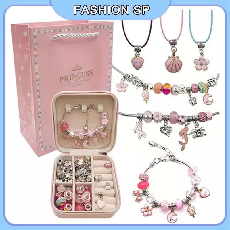 Kit Joia Pulseira Miçangas Berloques Diy Bracelete Bijuteria Colar Presentes Para Meninas