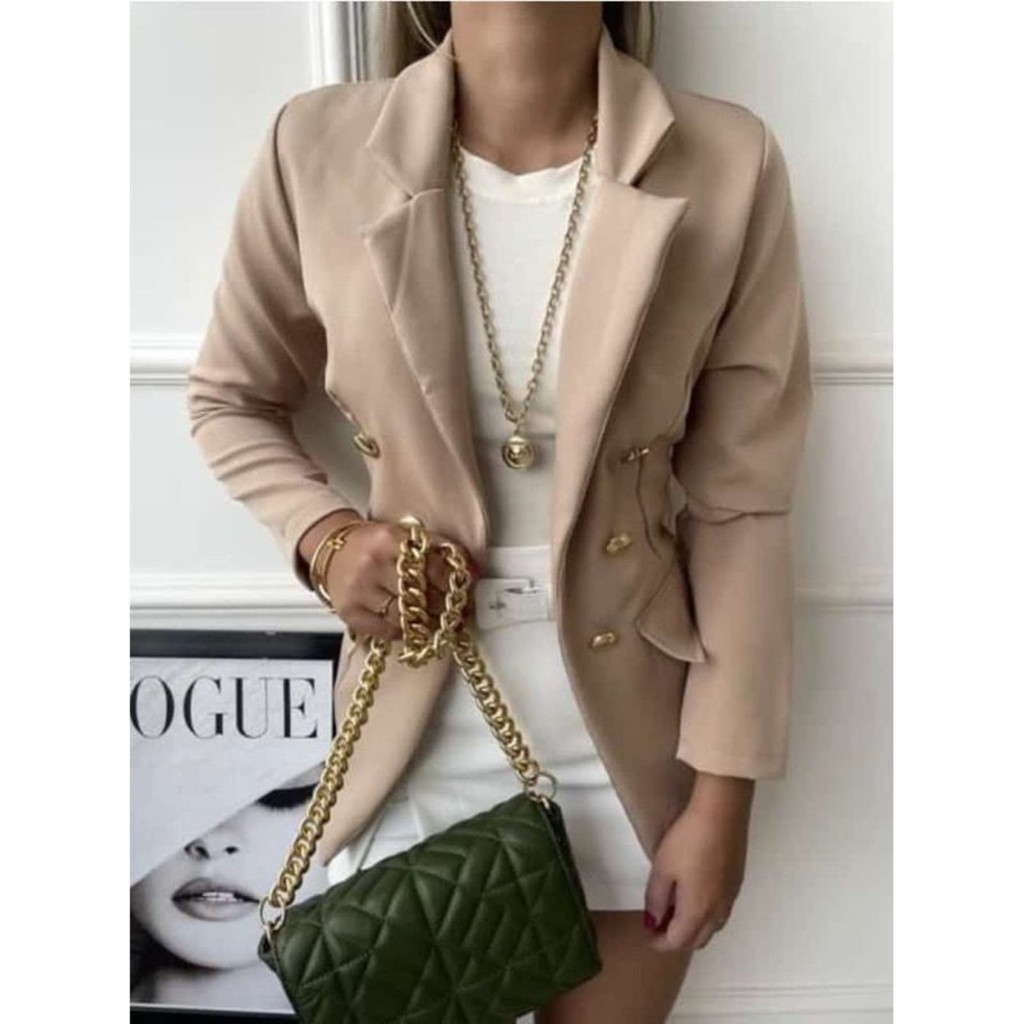 Blazer Feminino Alfaiataria Botões Dourados Elegante Casual Social Alongado Moda Executiva Premium