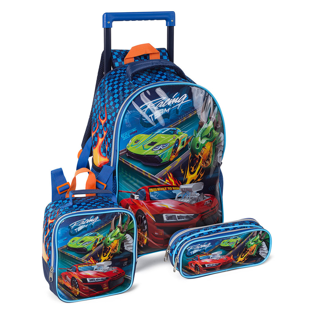 Kit Mochila de Rodinha Estojo Lancheira Térmica Carros Infantil Menino Resistente