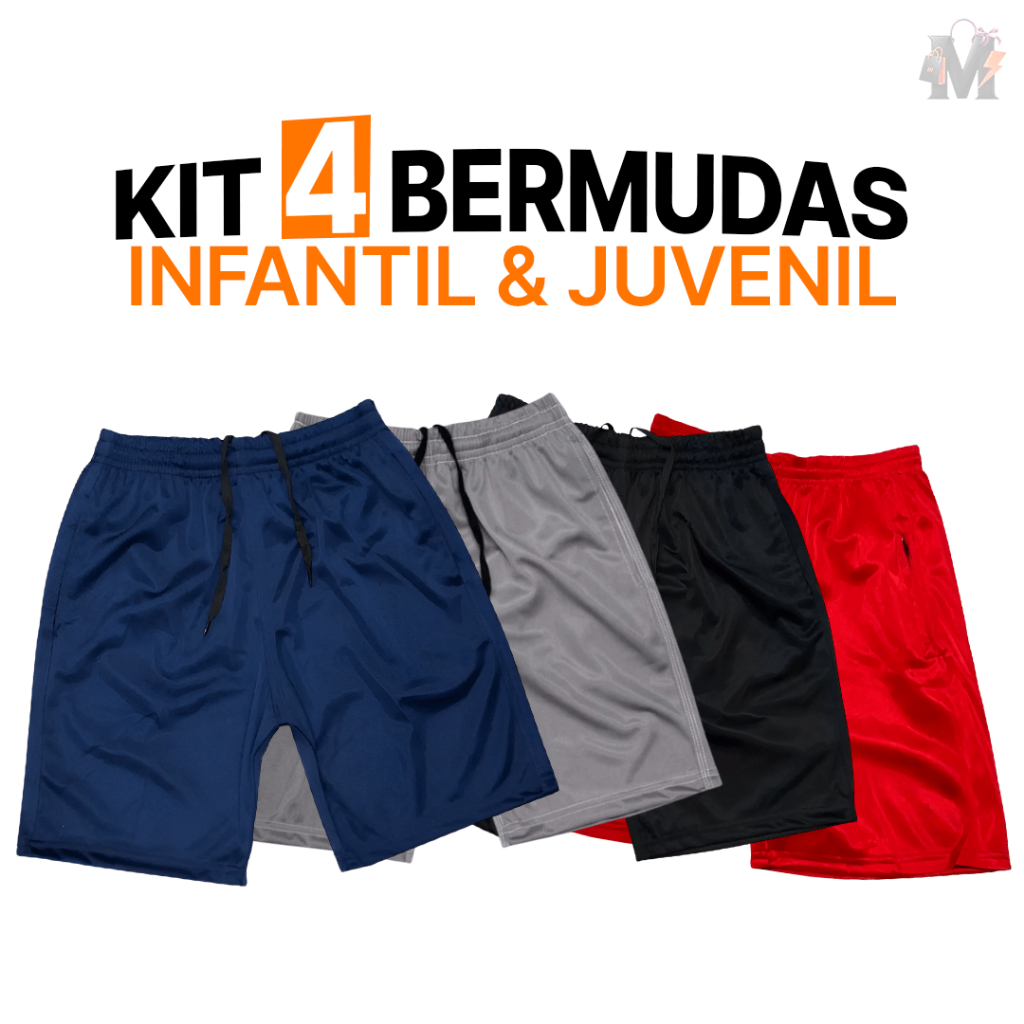 4 Bermudas Masculina Infantil DrayFit Ximpa 100% Poliéster com Costura Reforçada