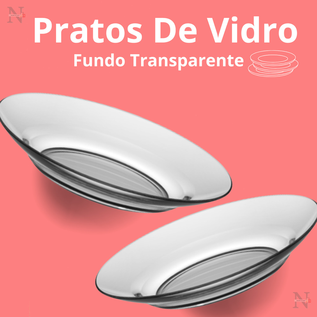 Kit Até 12 Pratos Fundo Liso de Vidro –  Transparente e Resistente
