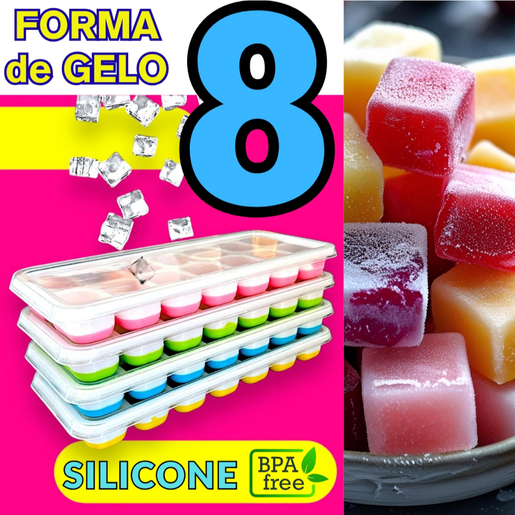 Kit até 08 Formas de Gelo com Tampa em Silicone Colorida Papinha Bebê