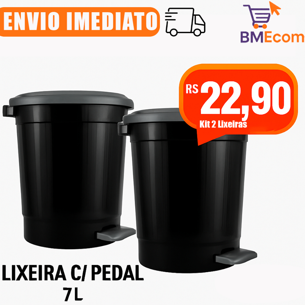 Kit 2 Lixeiras Redondas Com Pedal 7l Litros Preta Cozinha Banheiro Lavanderia
