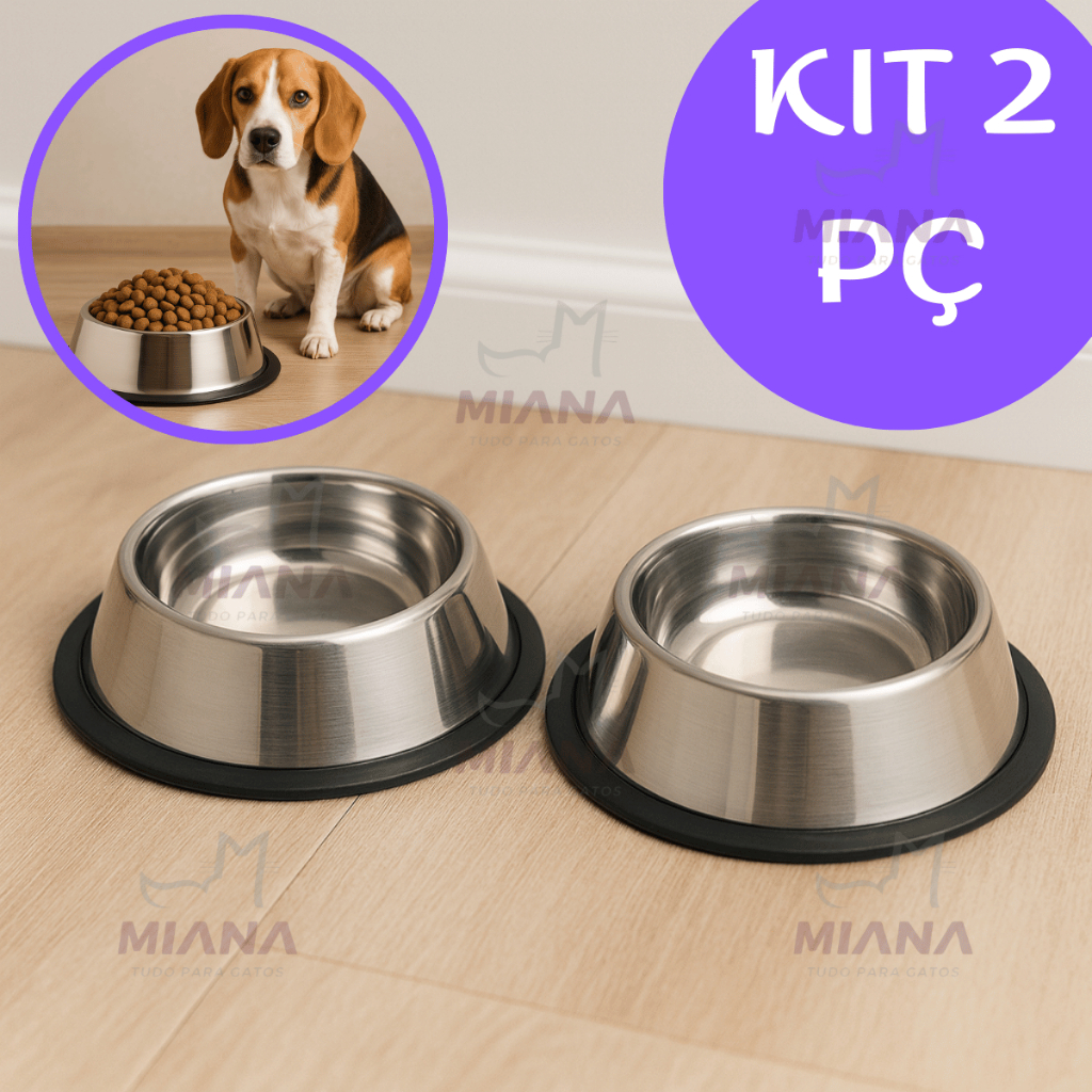 Kit 2 Comedouro Inox Cães Gatos Antiderrapante Fácil Limpeza Alimentação Pote Tigela Ração Pet