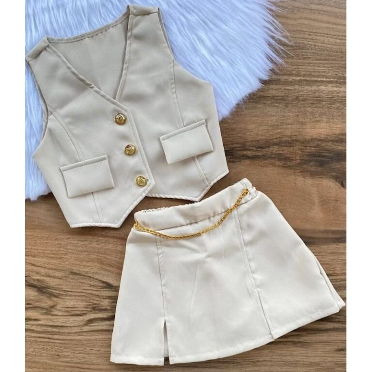 conjunto colete shorts saia infantil