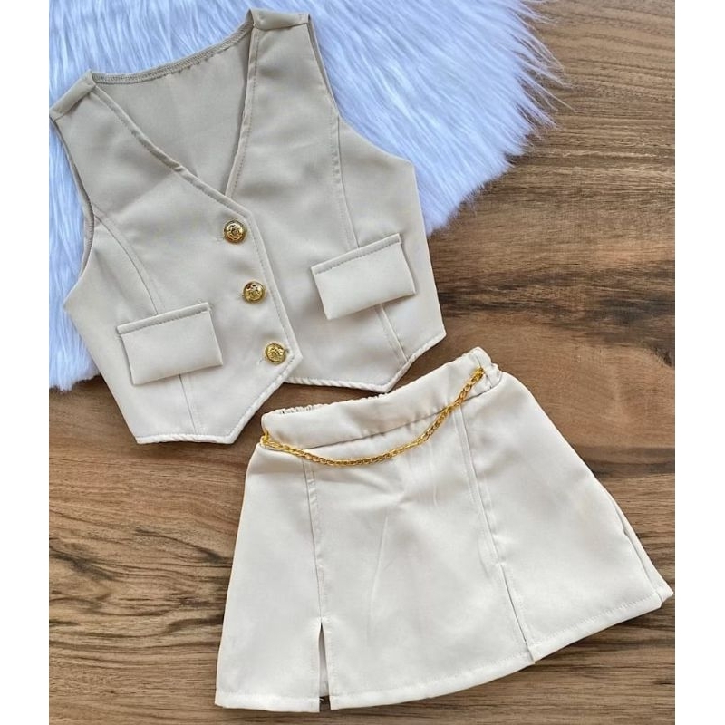 conjunto colete shorts saia infantil