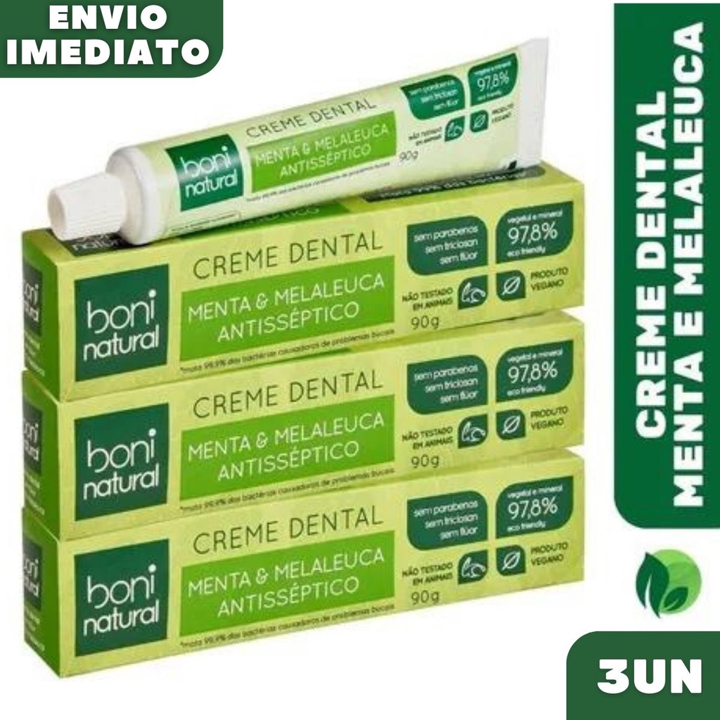 Kit 3 Creme Dental Vegano Natural Menta e Melaleuca Sem Flúor 90g – Boni Natural