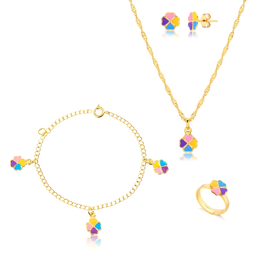 Kit Conjunto Infantil Trevo em Resina com Colar, Pingente, Brinco, Pulseira e Anel Regulável Banhado