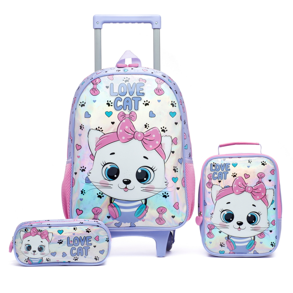 Kit Mochila Rodinha Lancheira Estojo Menina Yupe Gatinho