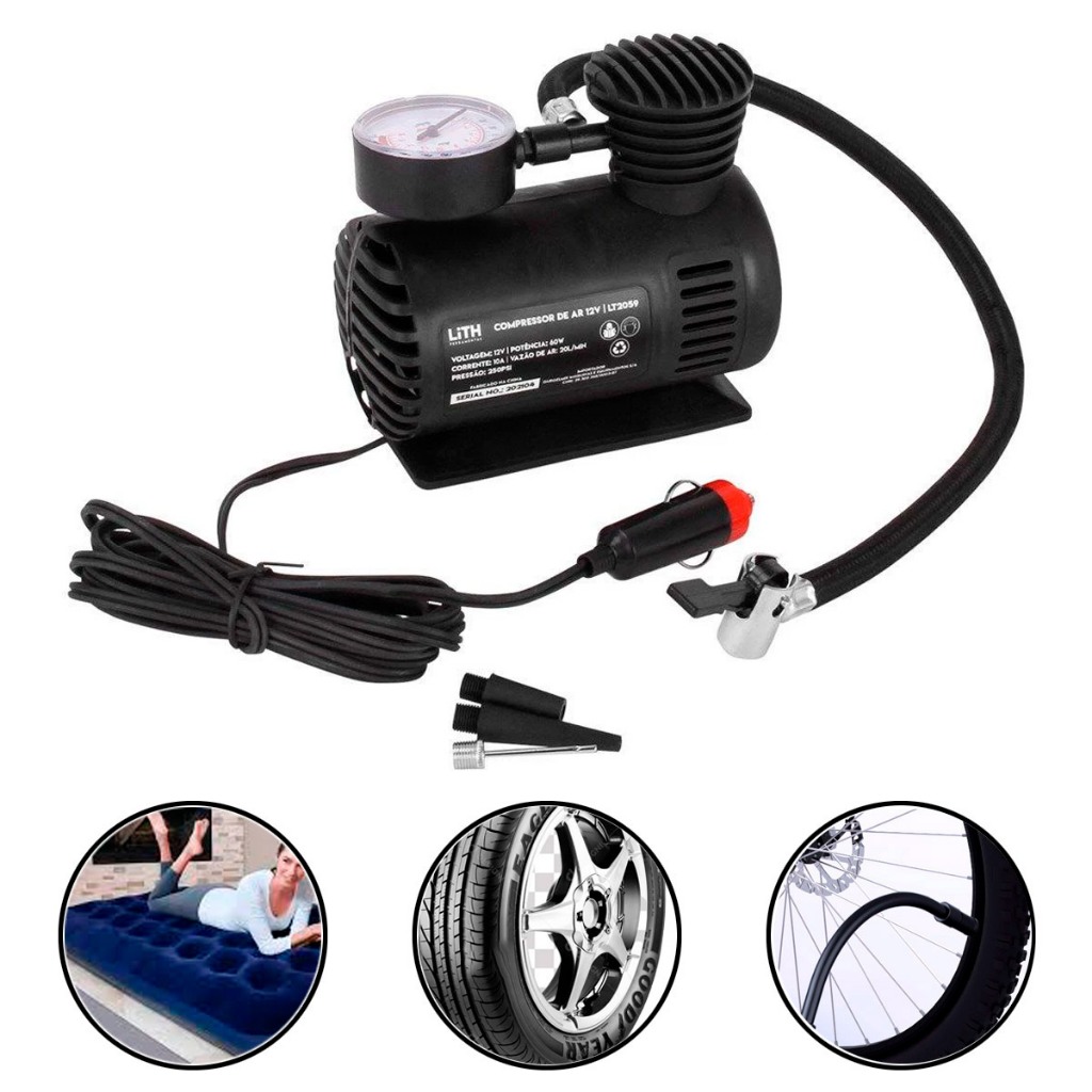 Mini Compressor Automotivo 12V 20L/min Infláveis Bolas Pneus de Ar Direto 250psi 3 Bicos – Lith