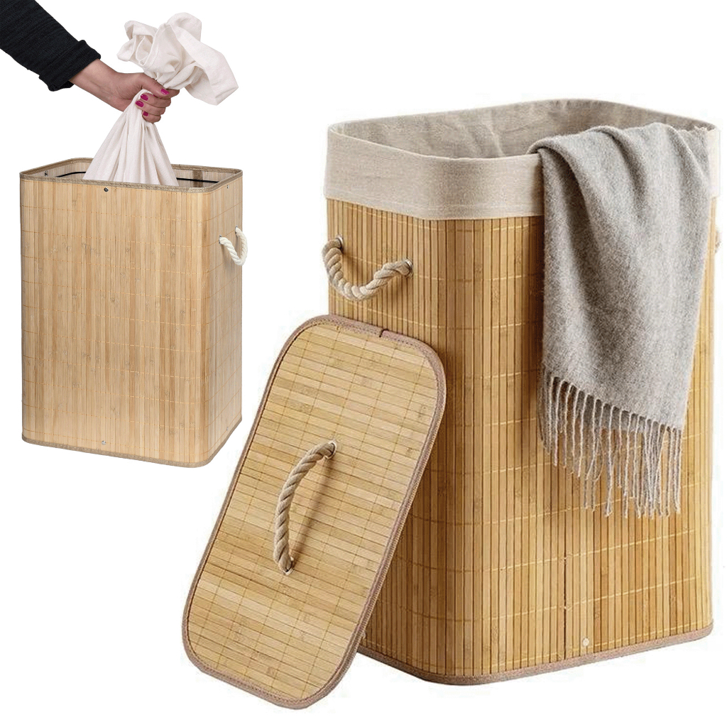 Vittak Cesto de Roupa Suja Bambu 70 LITROS Lavanderia com Tampa Retangular Forrado Quarto Banheiro D