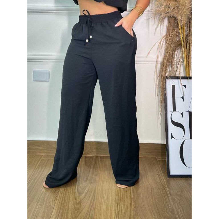 Calça Pantalona Alfaiataria com Bolsos Cintura Al