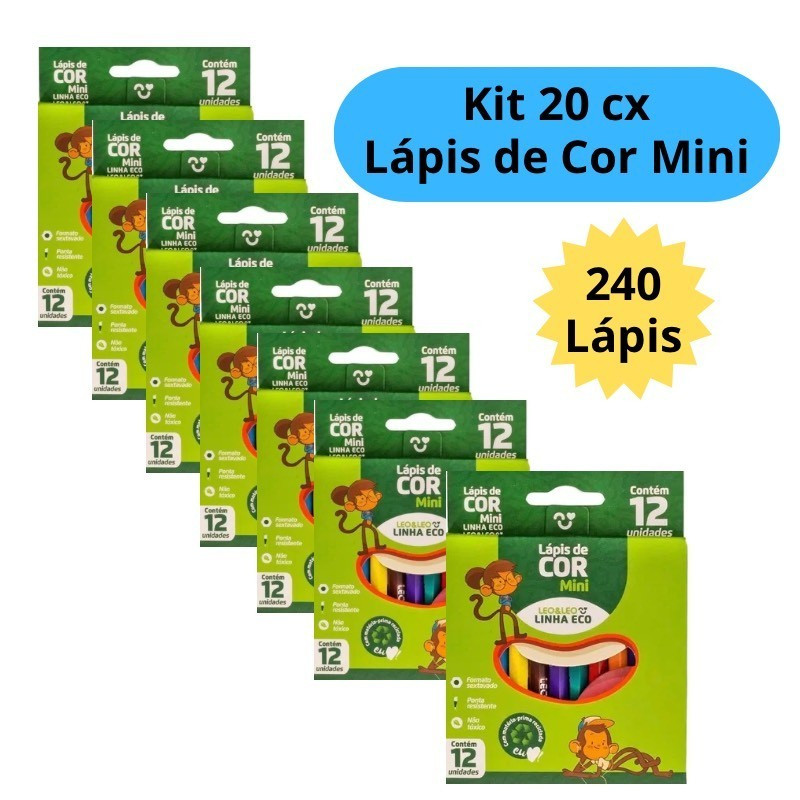 Kit 20 Caixas de Lápis de Cor Mini Caixa com 12 Cores cada Escolar Kit Festa Lembracinha LeoELeo