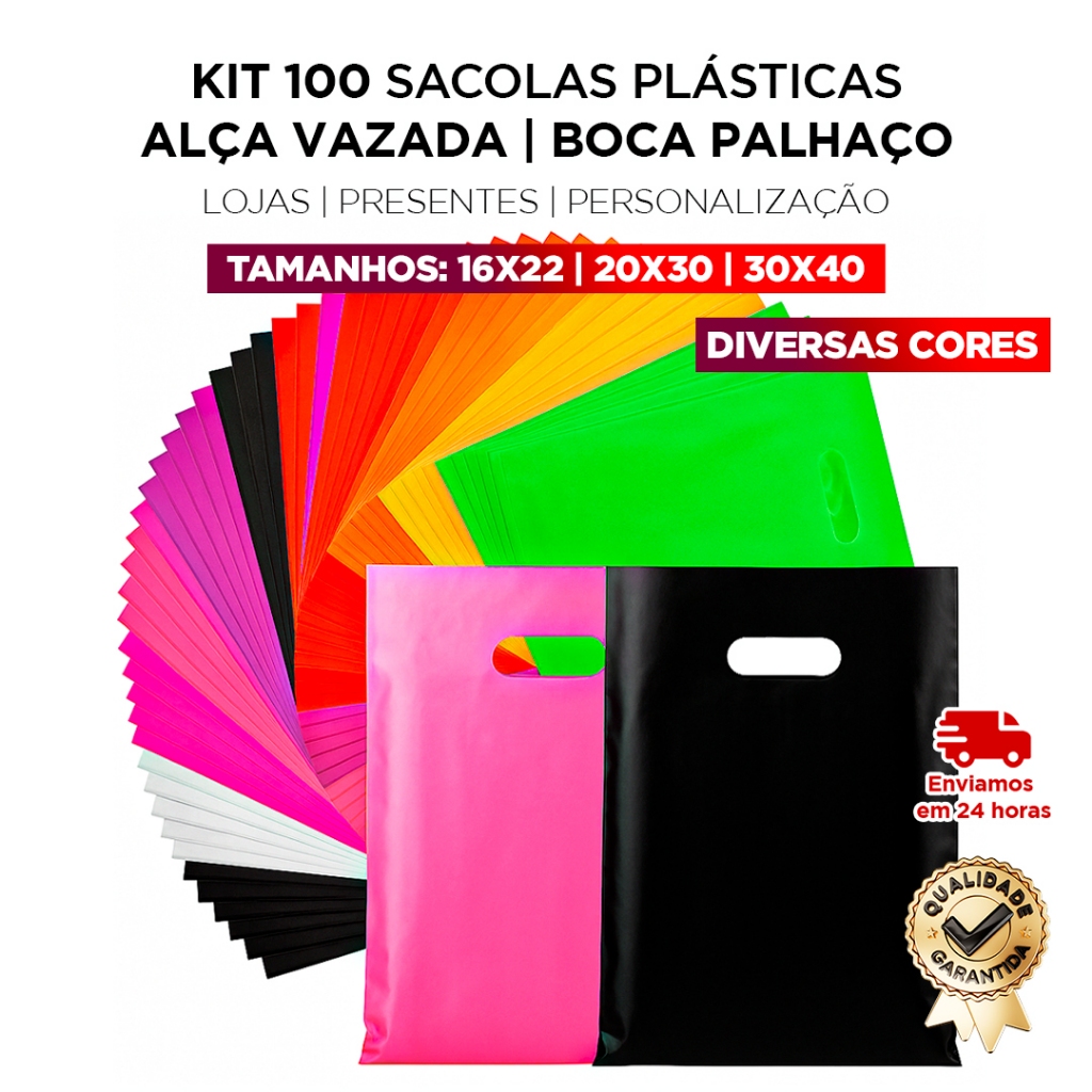 100 Sacolas Boca de Palhaço Alça Vazada 16×22 20×30 30×40 Pronta Entrega Tamanhos e Cores Variadas *