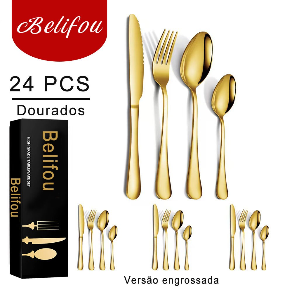 Belifou Kit 16/18/24 Jogo De Talheres Para Bife Aço Inoxidável 416 Dourados Colher Pequena