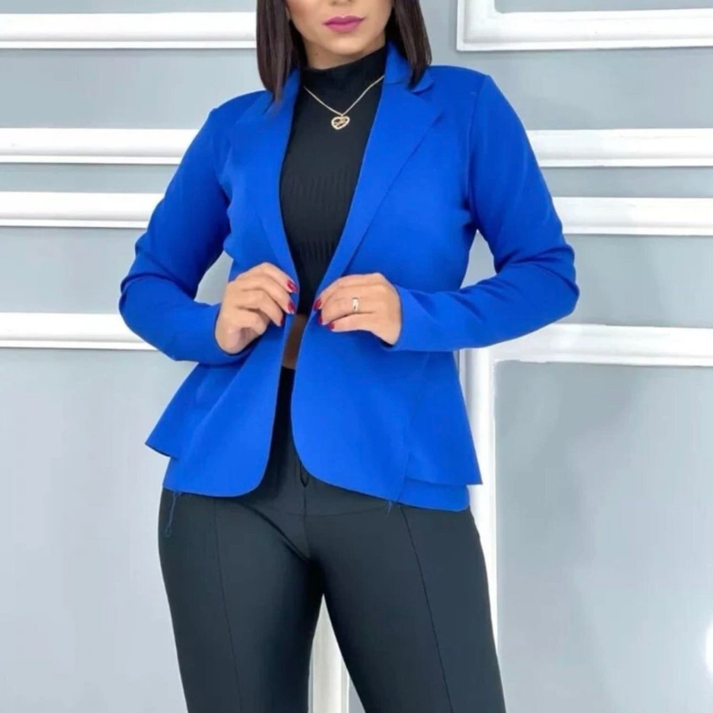 Blazer social feminino G1-G3 com detalhes laterais franzidos em neoprene pesado Cores com babado
