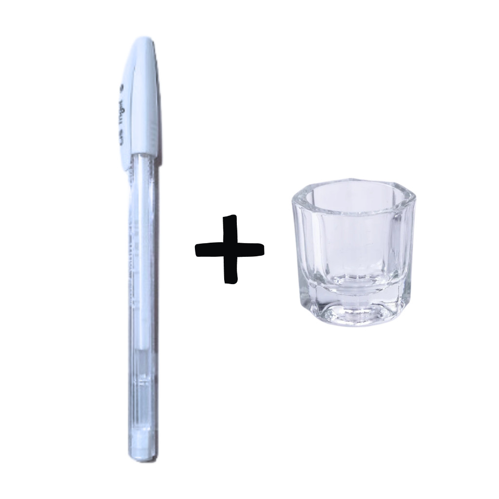 Kit Caneta gel branca para marcação e designer de sobrancelhas + Copo dappen de vidro