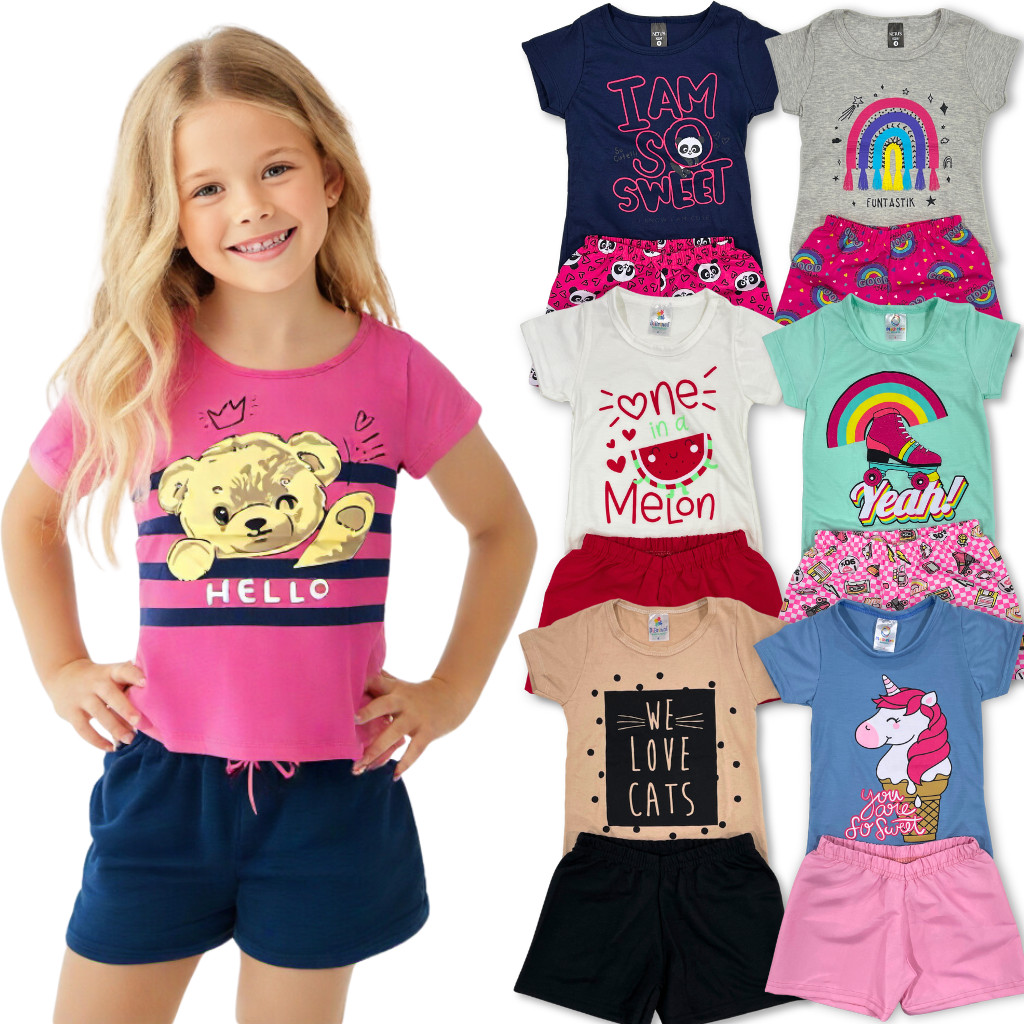 Kit 6 ou 2 peças 3 ou 1 Conjunto Roupa Infantil Menina Verão Camiseta/Blusa + Shorts/Bermuda Sortido