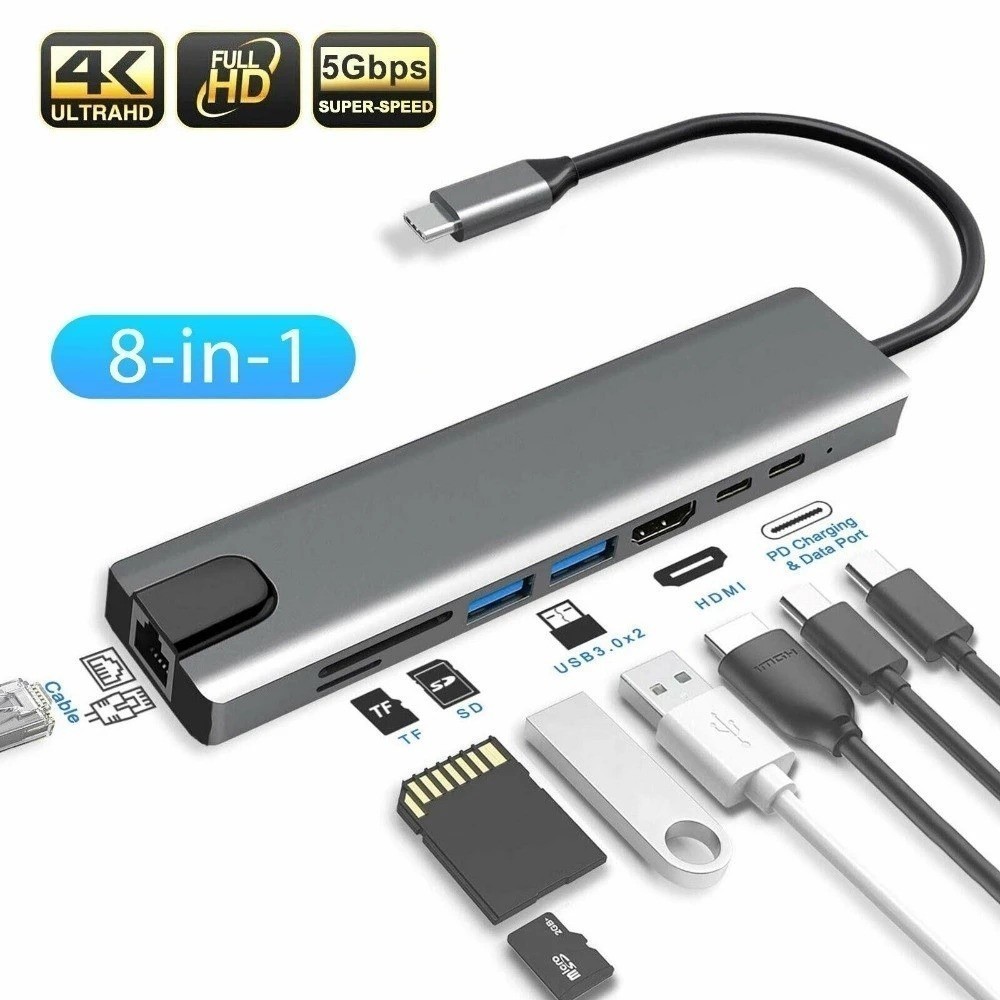 Estação de Ancoragem 8 Em 1 USB C Hub 4K PD HDMI 4K 100W