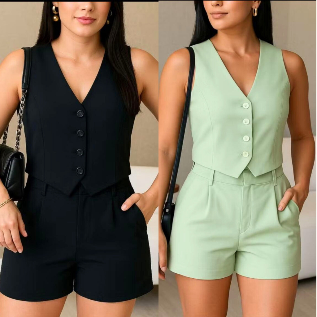 CONJUNTO FEMININO LUXO  COLETE + SHORTS   TENDENCIA 2026