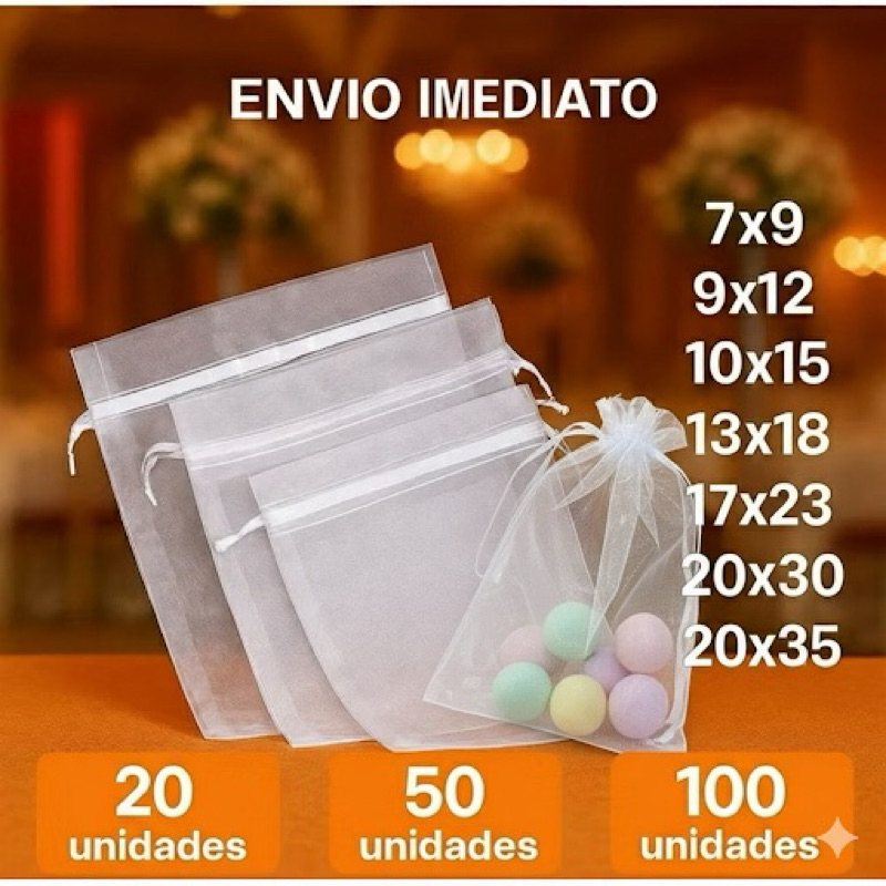 kit 10/20/50/100 Unid Saco Saquinho Organza 7×9 9×12 10×15 13×18 17×23 20×30 20×35 Branco Lembrancin