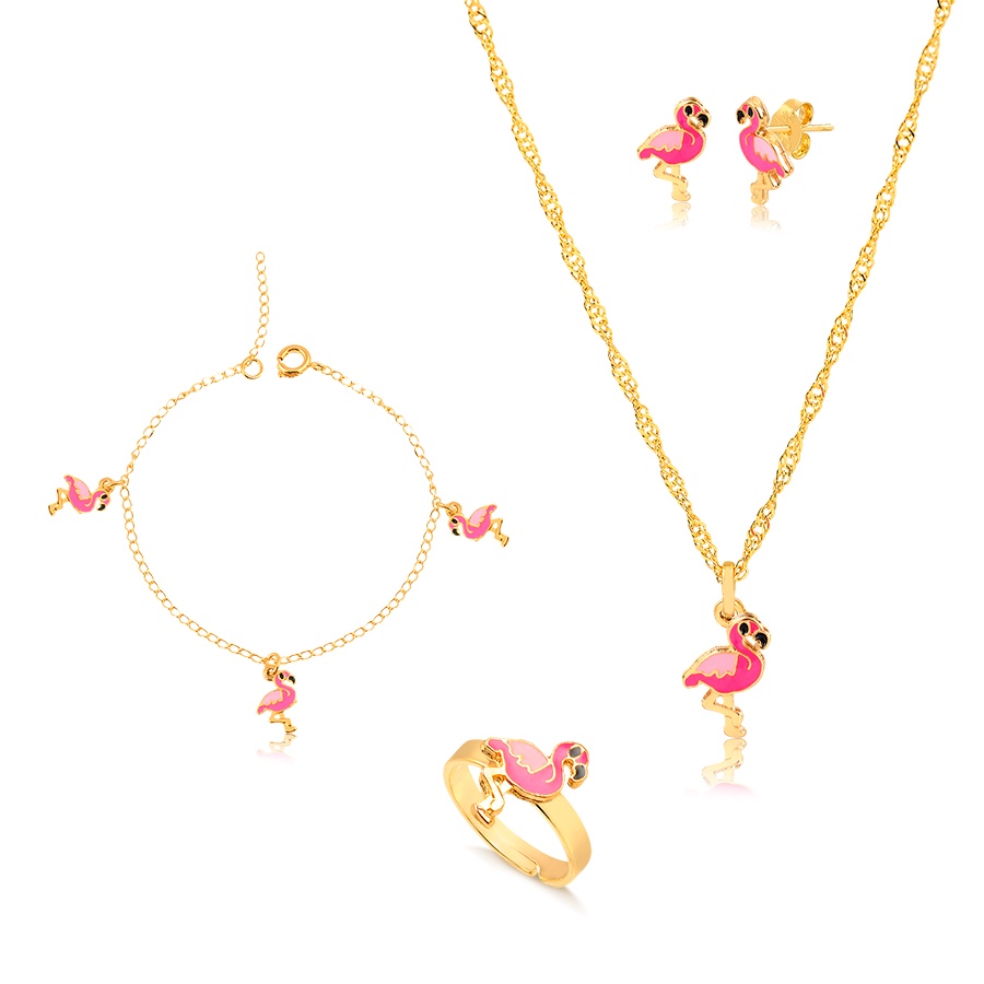 Kit Conjunto Infantil Flamingo em Resina com Colar, Pingente, Brinco, Pulseira e Anel Regulável Banh