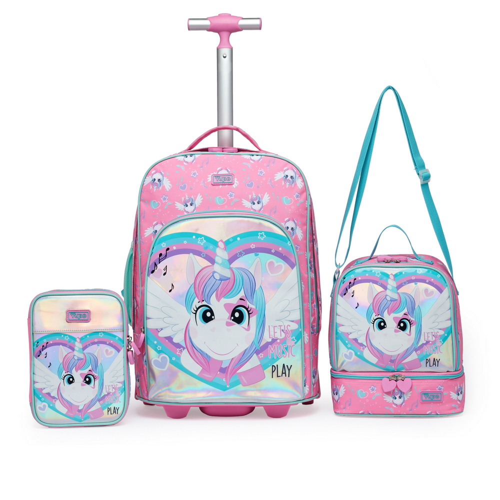 Kit Mochila Rodinha Lancheira Estojo Alças Removíveis Yupe Unicórnio