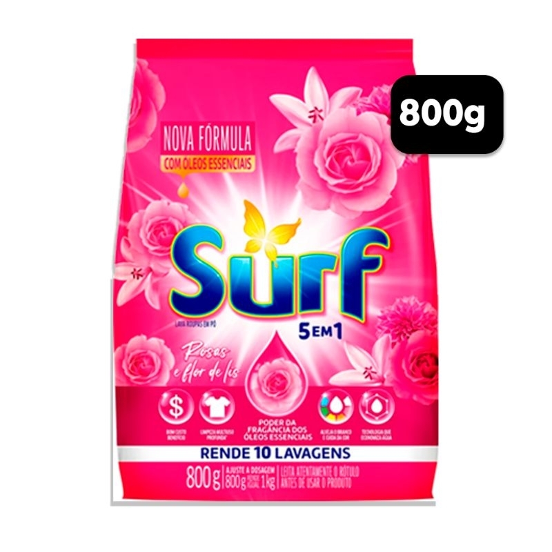 Sabão em Pó, Lava Roupa Surf Rosa e flor de lis 800G.