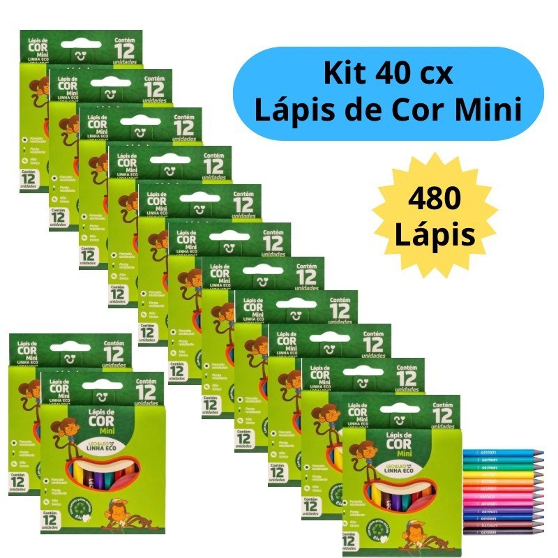 Kit 40 Caixas de Lápis de Cor Mini Caixa com 12 Cores Kit Festa Escolar Lembracinha LeoELeo