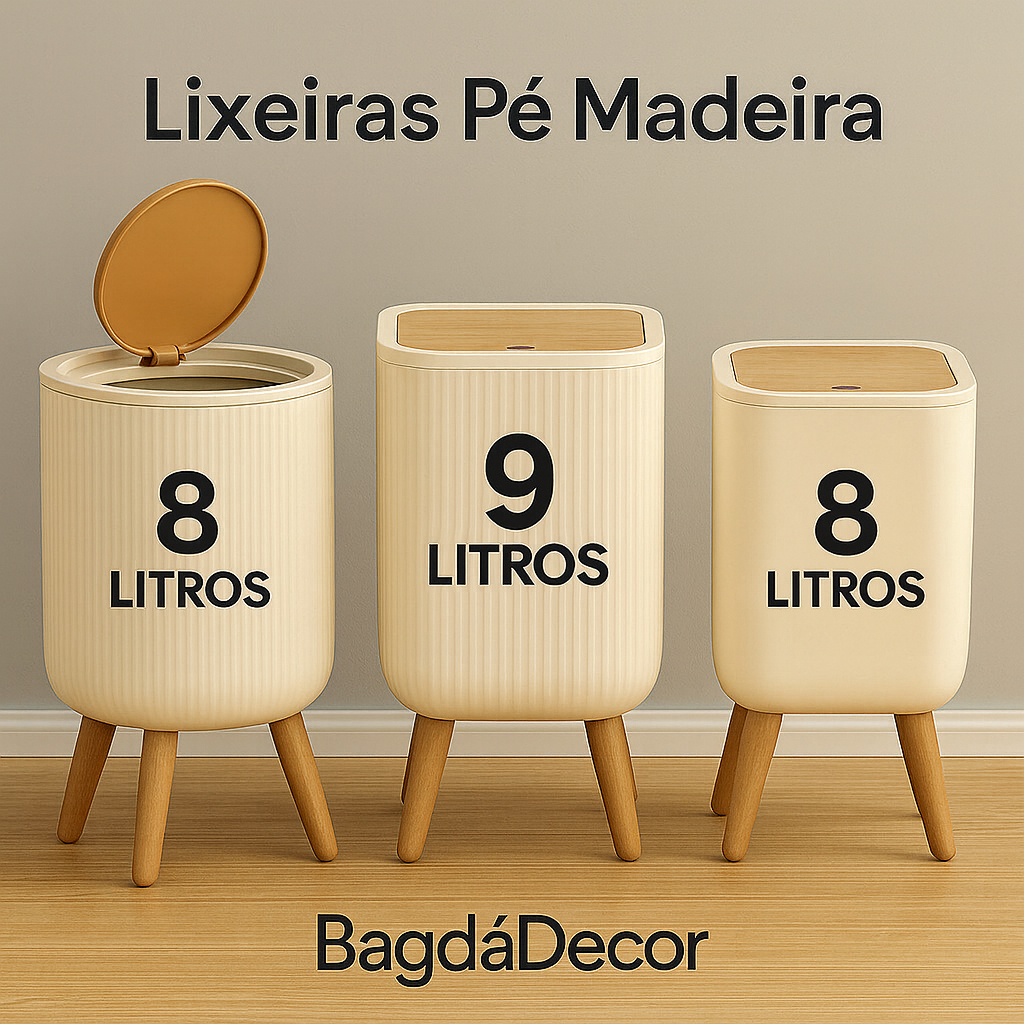 Lixeira De Plástico 9/8 Litros Branca Com Pés De Bambu Com Tampa Click De Pressão Cozinha Banheiro