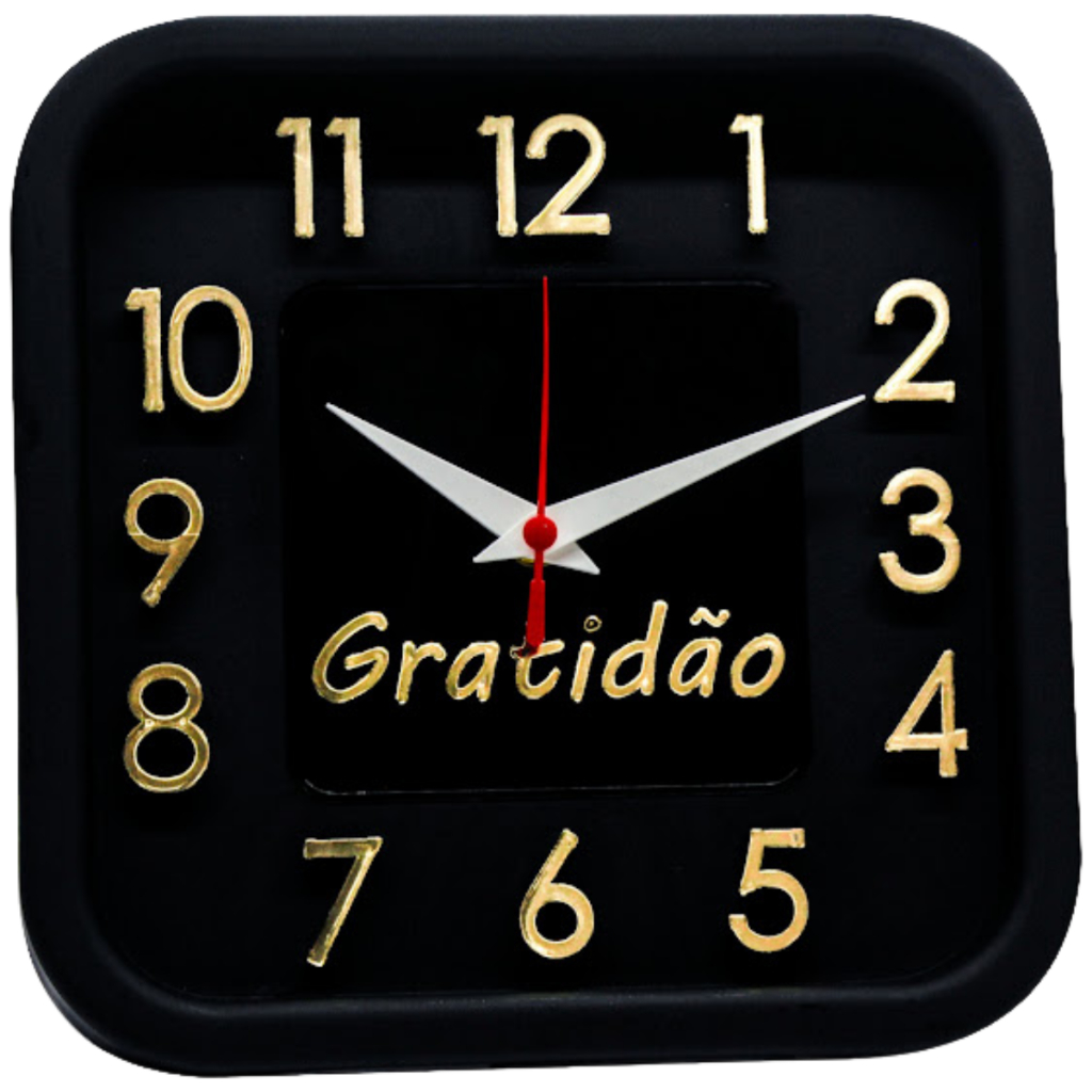 Relogio de Parede Quadrado Sigma Dourado 24 cm Gratidão Eu Amo Jesus com Mecanismo Silencioso