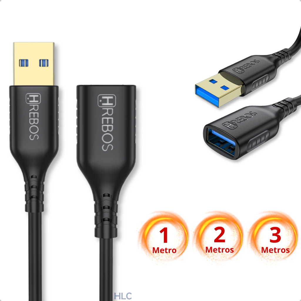 Cabo Extensor UBS 3.0 – 1 Metro, 2 Metros e 3 Metros – 5 Gbps – Extensão Macho e Fêmea Webcam Mouse