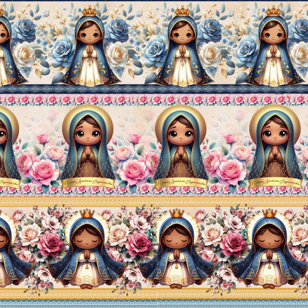 Tricoline Digital Algodão 100% Barrado Nossa Senhora Toalha Pano de Prato Atêlie Bibi