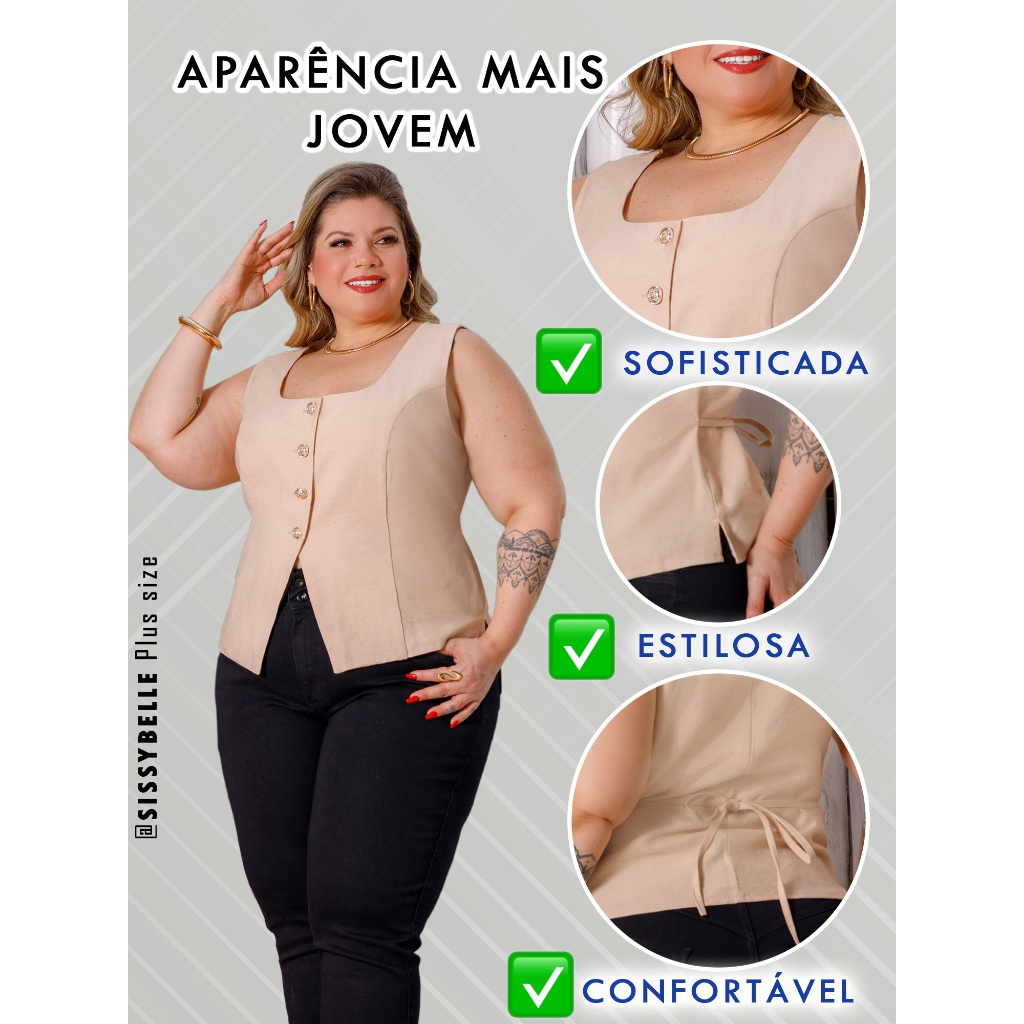 Colete Feminino Plus Size Alfaiataria Sensorial Modelagem Especial