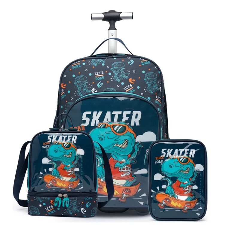 Mochila Infantil de Rodinhas Menino Dino Skate Esc