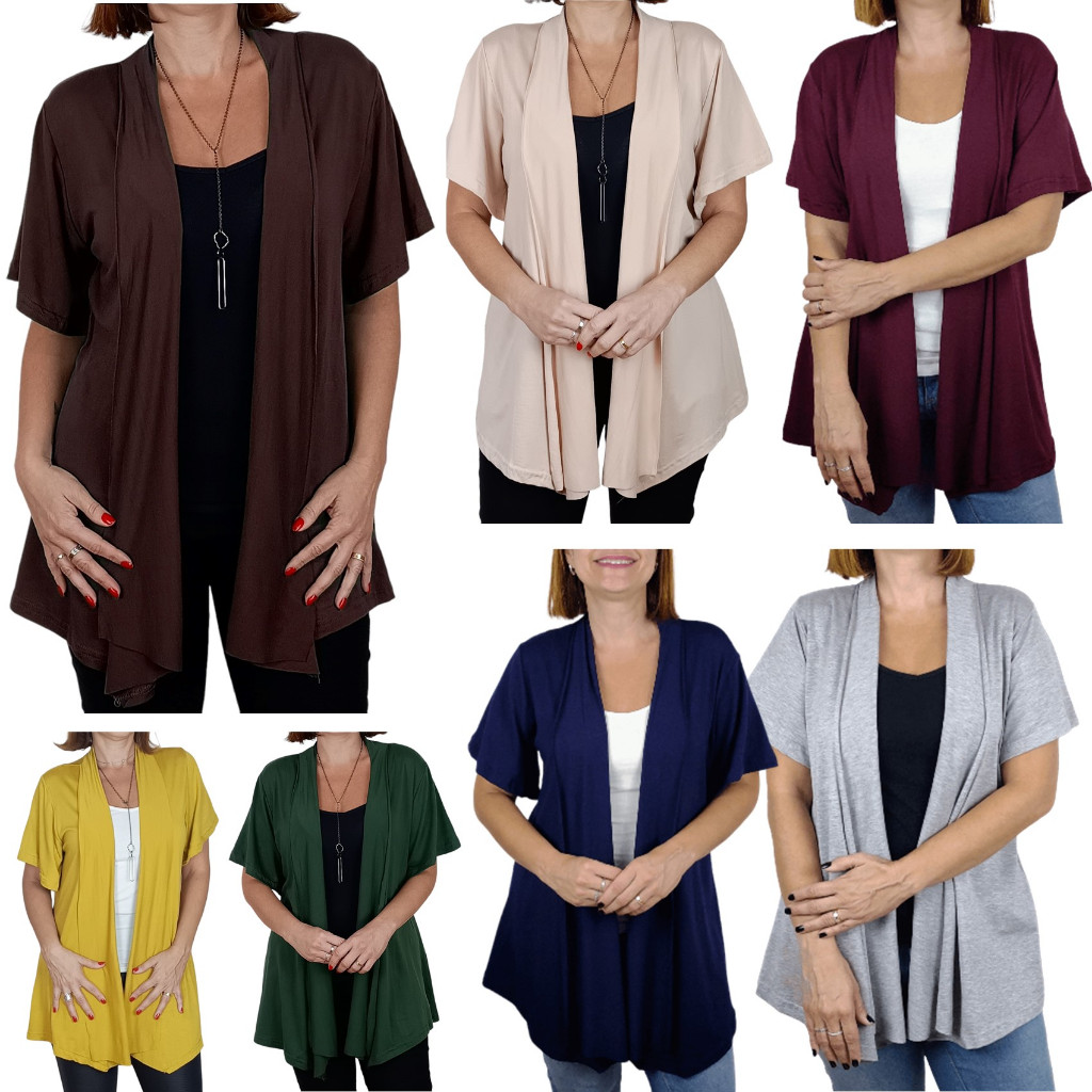 Cardigã Cardigan Casaquinho Curto Feminino Meia Estação Manga Curta em Viscolycra Elegante
