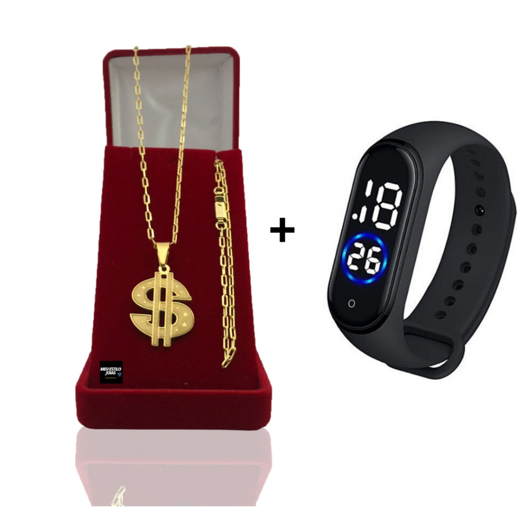 Corrente Masculina Infantil Banhado Ouro 2mm Com Pulseira e Pingente Cifrão + Relógio Digital Prova