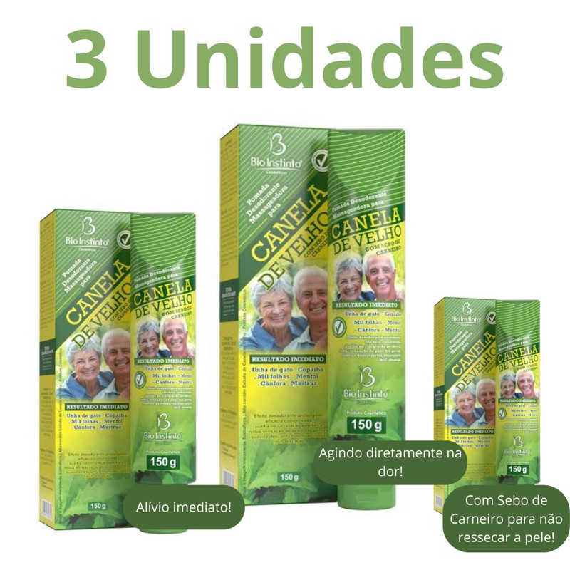 03 UN CANELA DE VELHO 150g Pomada Relaxante Muscular Dores Cansaço Atleta Academia Exercício Fisico