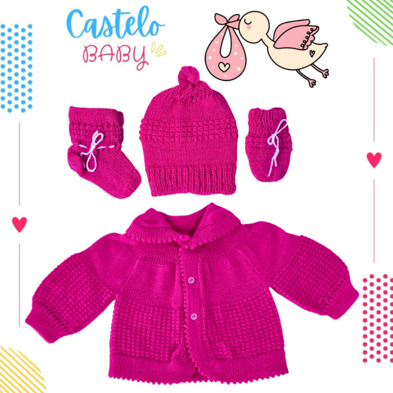 Casaquinho cardigan bebê com gorro luva e sapatin