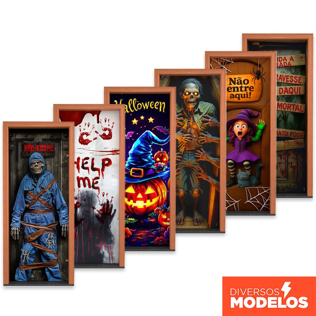 Capa De Porta Decoração Halloween Sublimado Em Tecido Com Elástico 0,80×2,10m – Diversos Modelos