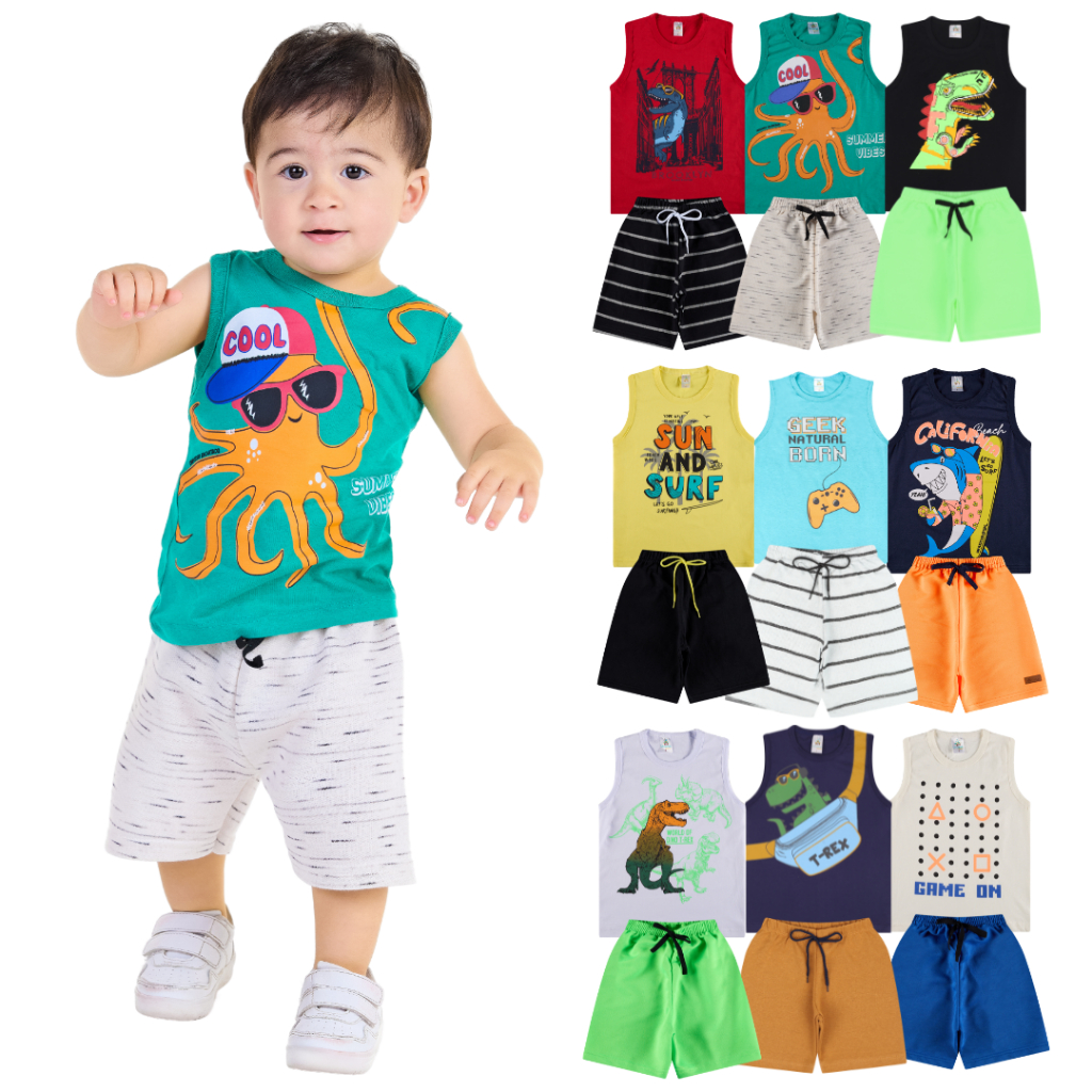 Kit 6 Peças de Conjunto Regata para Bebê Meninos – 3 Regatas e 3 Bermudas, Tamanhos Disponíveis de 1
