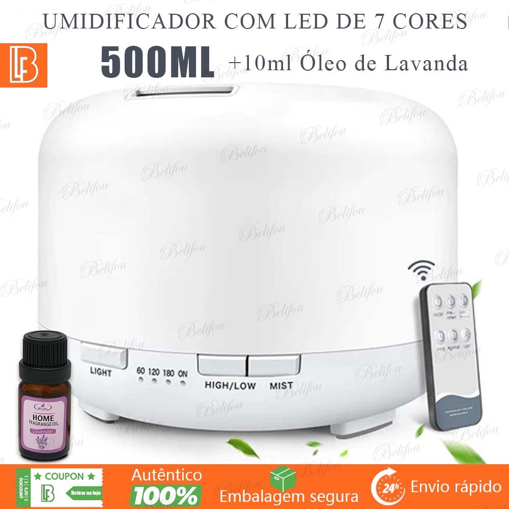 Difusor Aromatizador Umidificador 500ml com LED Colorido 7 Cores e Controle Remoto