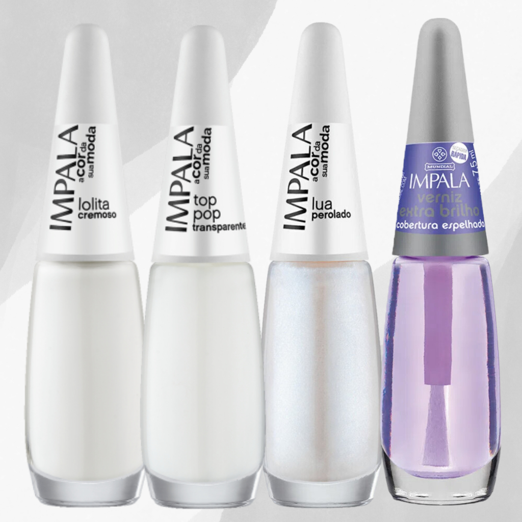 Kit 4 Esmaltes Impala Branco Francesinha p/ Noivas Com Verniz Extra Brilho Cobertura Espelhada
