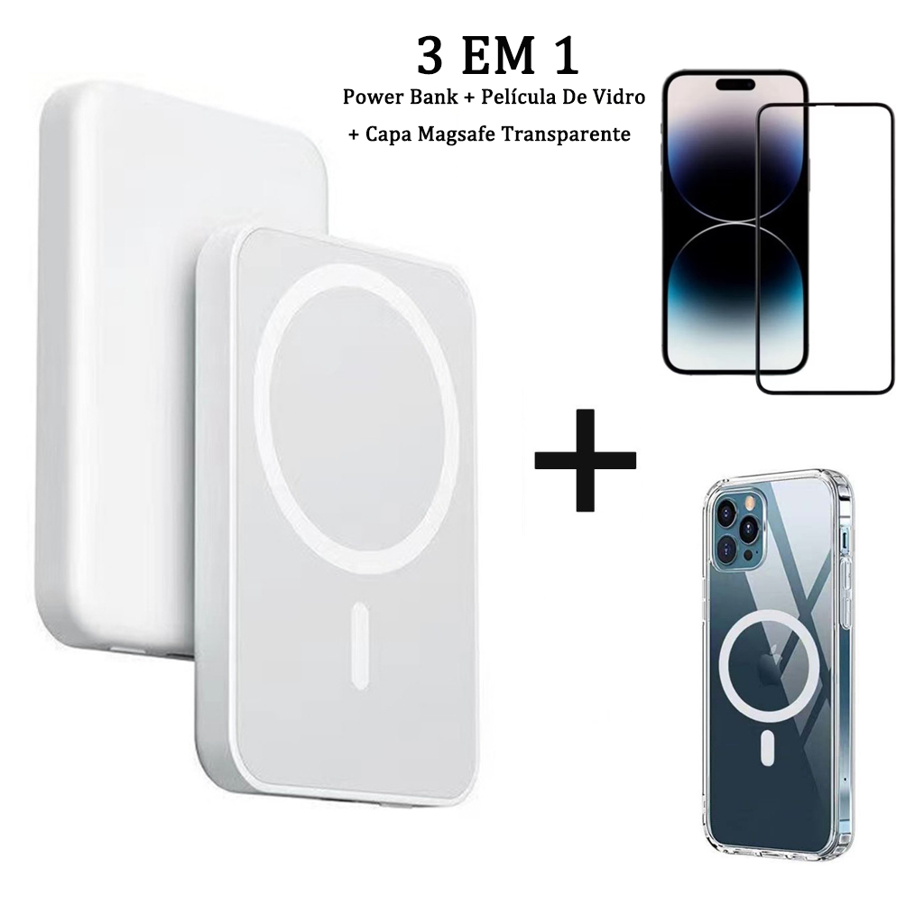 Kit 3em1 – Power Bank Portátil   Pack MagSafe + Capa Magsafe Transparente + Película De Vidro  Para