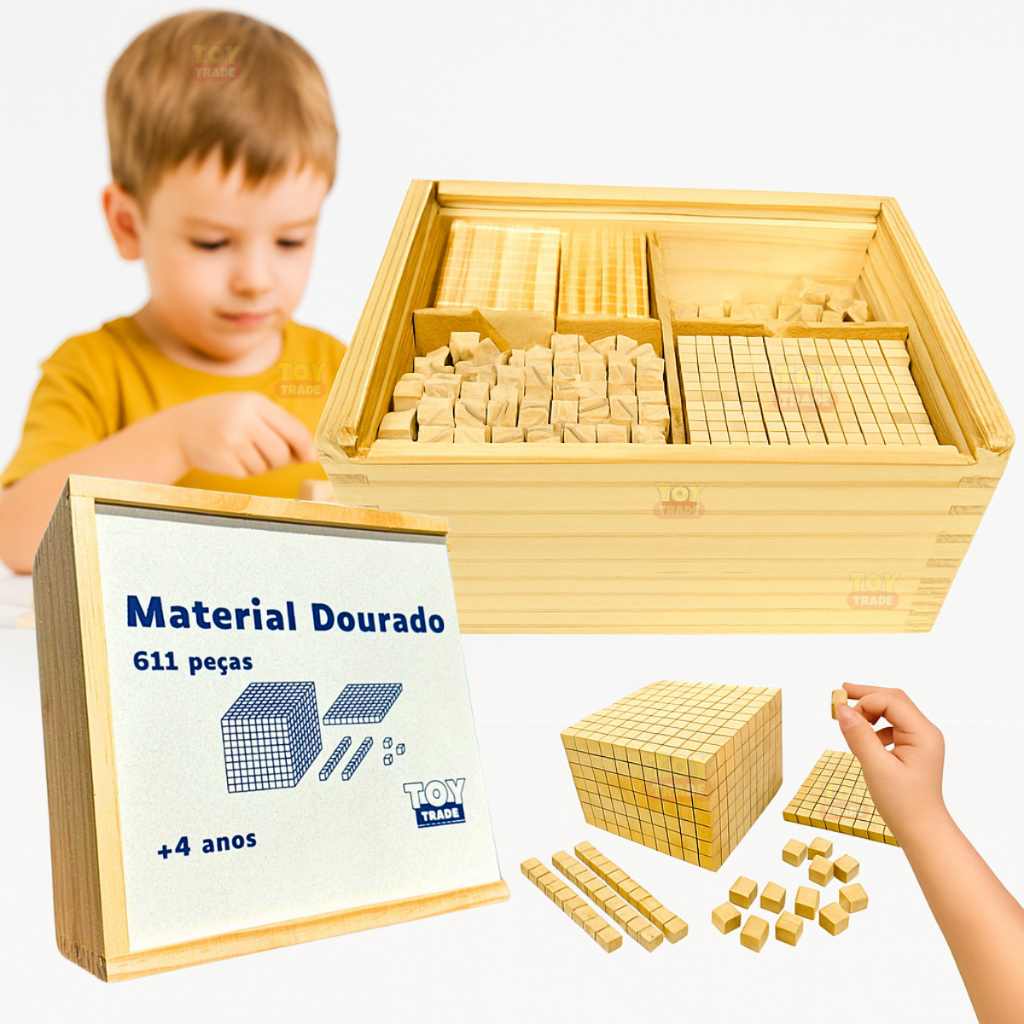 Material Dourado Pedagógico Individual em Madeira  Unidades, Dezenas, Centenas e Milhar Toy Trade