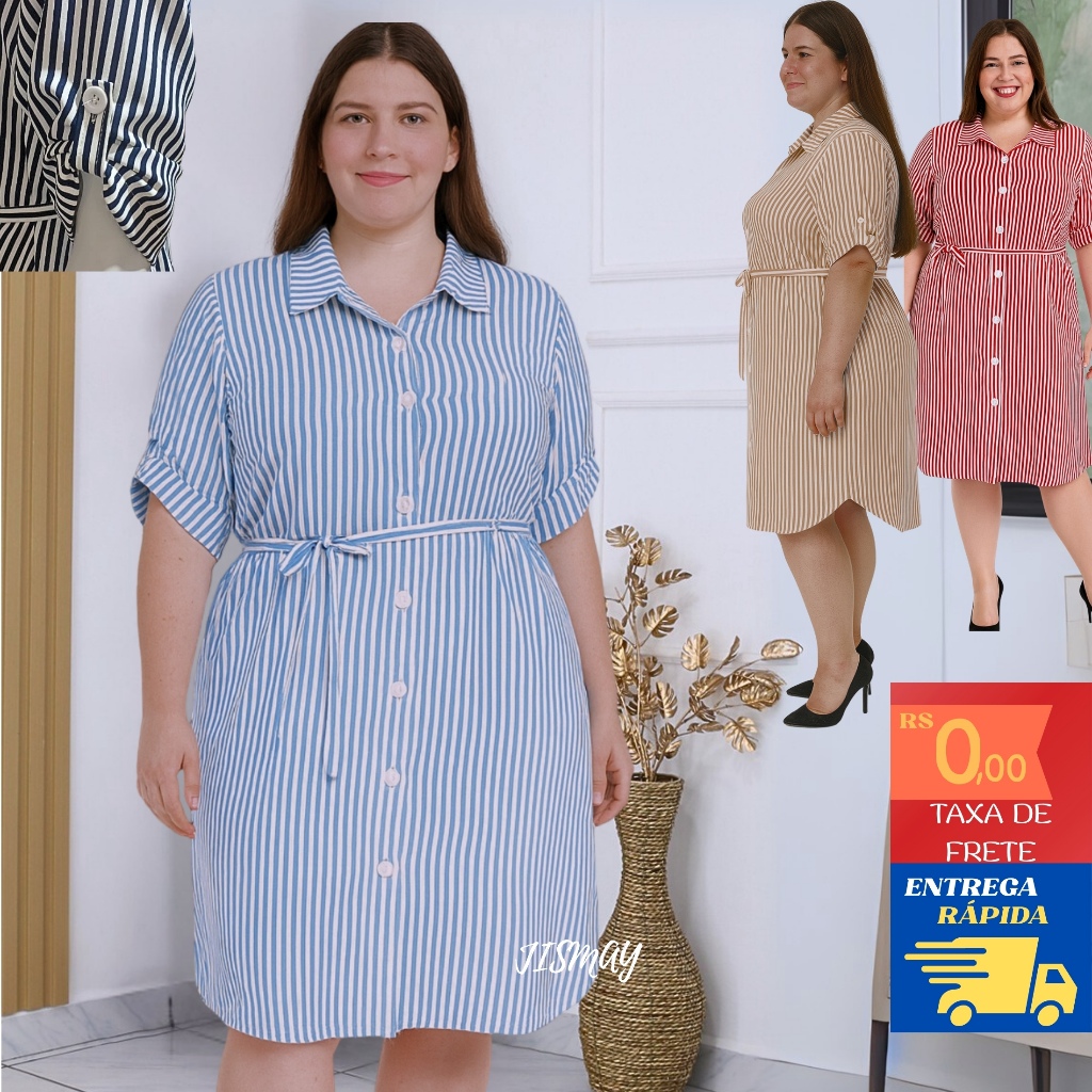 Vestido Chamise Feminina Listrada com  Manga ajustavel com Botão plus size G1 G2 G3